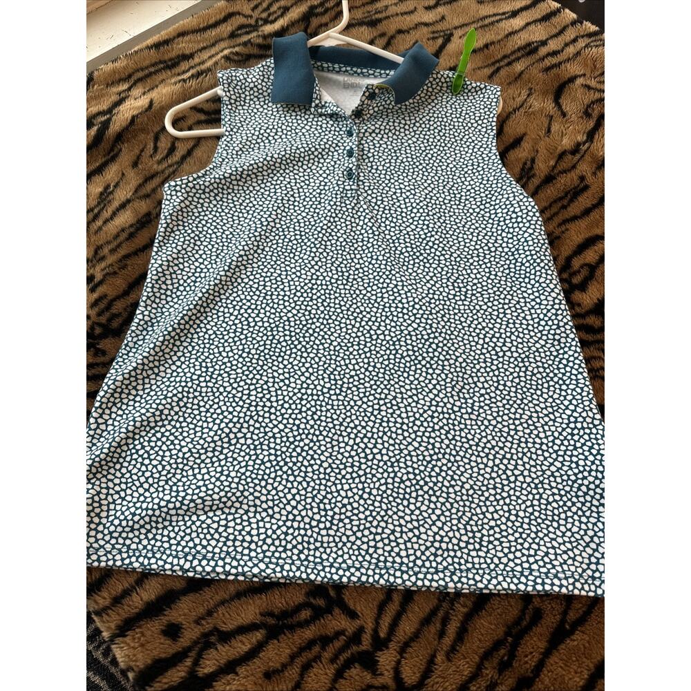 Woman’s Lands End Sleeveless Blouse Turquoise Geometric Summer Golf Medium